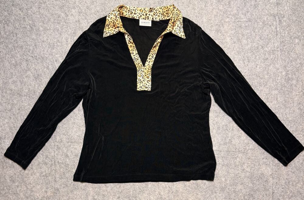 Chicos Travelers Womens Size 2 L Black Slinky Leopard Collar V Neck Knit Top